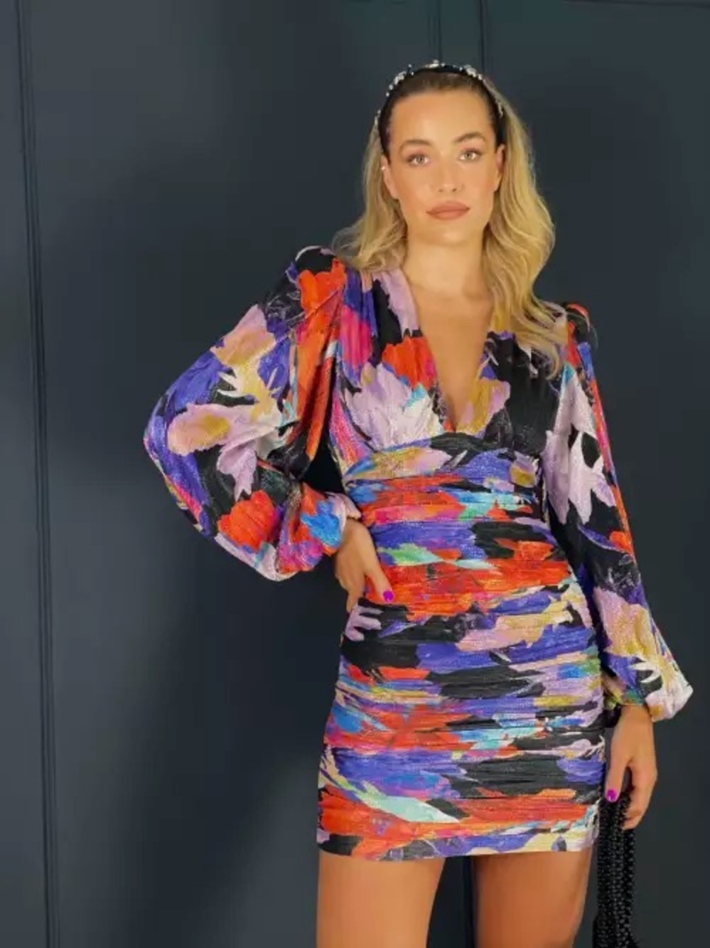 Rebecca Vallance Revolve Dress Womens Sz 2 Metallic Floral Balloon Sleeve Mini